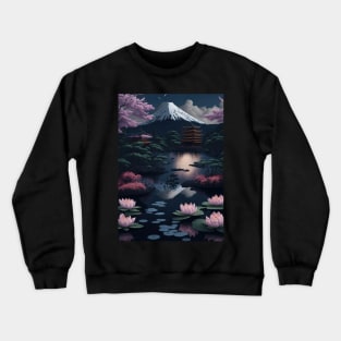 Serene Mount Fuji Sunset - Peaceful River Scenery - Lotus Flowers Crewneck Sweatshirt